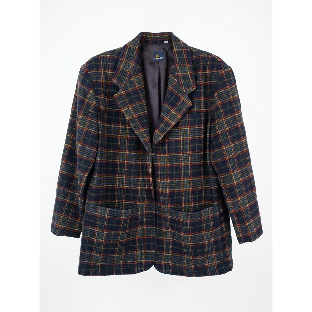 Vintage Womens Plaid Wool Blend Blazer Navy Red Yellow Button Jacket Size M